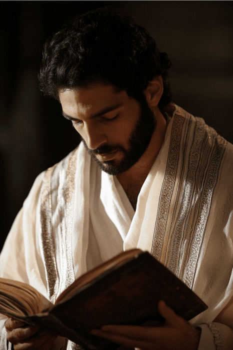 Un hombre con barba, envuelto en una túnica, lee atentamente bajo una luz tenue. Su expresión concentrada lo dice todo, tal vez reflexionando sobre ideas para el servicio del Jueves Santo.