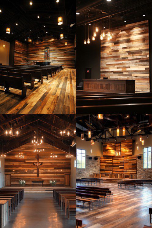 Collage of modern wooden church interiors showcasing pews, altars, and warm lighting, offering inspiring church stage design ideas.