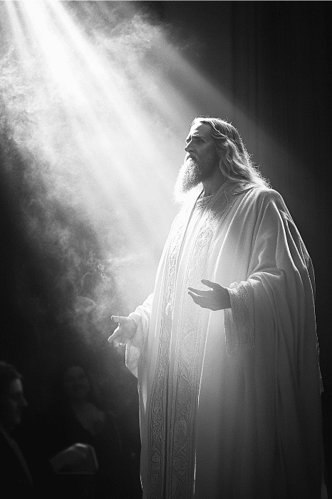 Uma pessoa com vestes longas está de pé em meio a feixes de luz, cercada de névoa, com os braços abertos e um olhar para cima, lembrando o espírito das ideias da História Negra para os serviços religiosos.