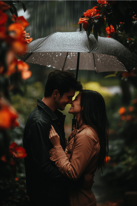 Sob um guarda-chuva, um casal sorri em meio a flores laranja vibrantes na chuva, abraçando a jornada da cura com fé.