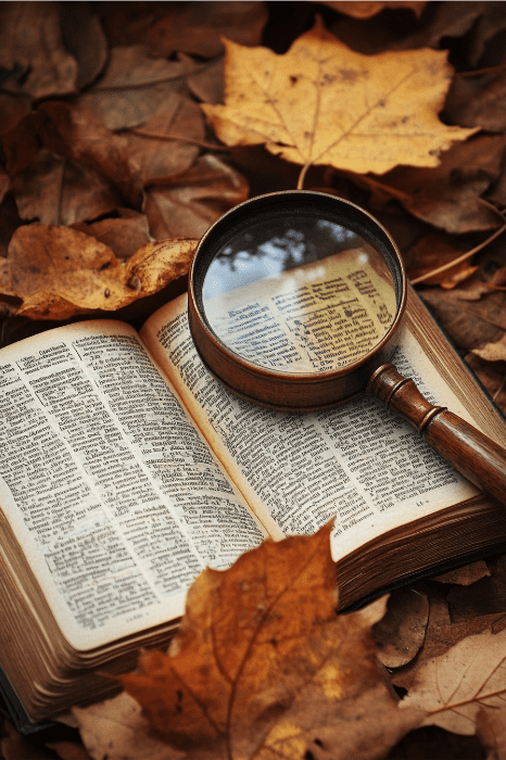 Un libro abierto descansa sobre las hojas caídas del otoño, con una lupa cuidadosamente colocada encima. Parece el comienzo perfecto para una tarde llena de ideas de búsqueda del tesoro en la iglesia, desentrañando misterios ocultos a plena vista.