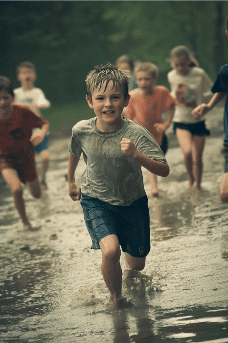 Niños participando en divertidos juegos para jugar en la iglesia, corriendo por un charco de barro, con un niño de camisa gris dirigiendo el grupo.