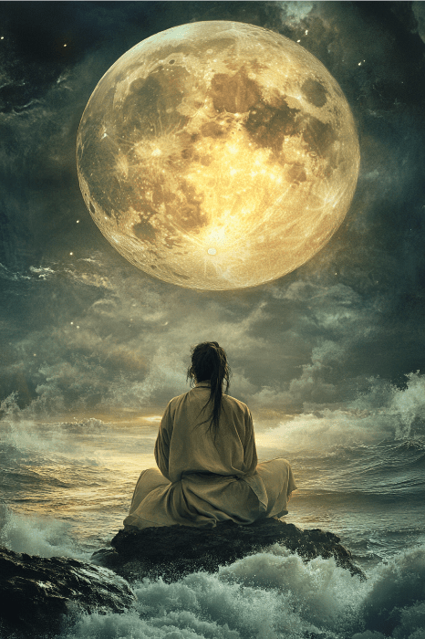 Em meio ao mar turbulento, uma figura senta-se em uma rocha, olhando para a lua cheia. O momento sereno ecoa as lições da história de Jehoshaphat na Bíblia, onde a fé e a reflexão trazem clareza em meio às tempestades da vida.