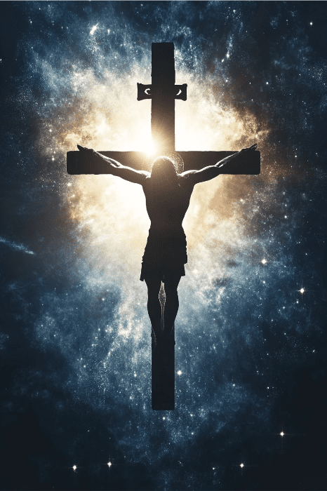 Silueta de una figura en una cruz sobre un fondo cósmico deslumbrante, que recuerda los signos del cielo mencionados en la Biblia.