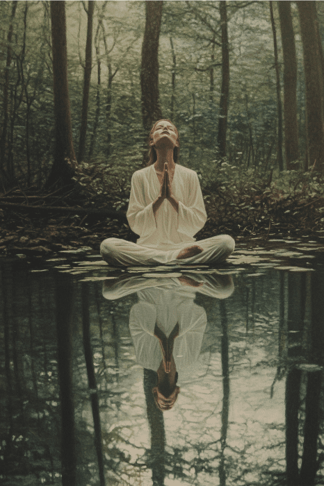 Una persona vestida de blanco está sentada con las piernas cruzadas, meditando en un bosque tranquilo. Su sereno reflejo baila sobre la superficie del agua en calma, inspirando ideas creativas de servicio a la juventud que ondulan por la mente como suaves olas de posibilidades.