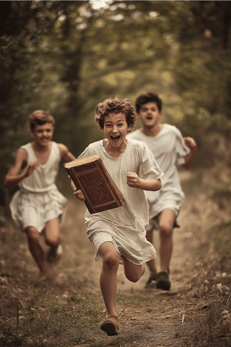 Tres niños vestidos con túnicas corren alegremente por un sendero del bosque, con el de delante sujetando un libro. Van de camino a descubrir divertidos juegos para jugar en la iglesia, asegurándose de que su día esté lleno de risas y nuevas aventuras.