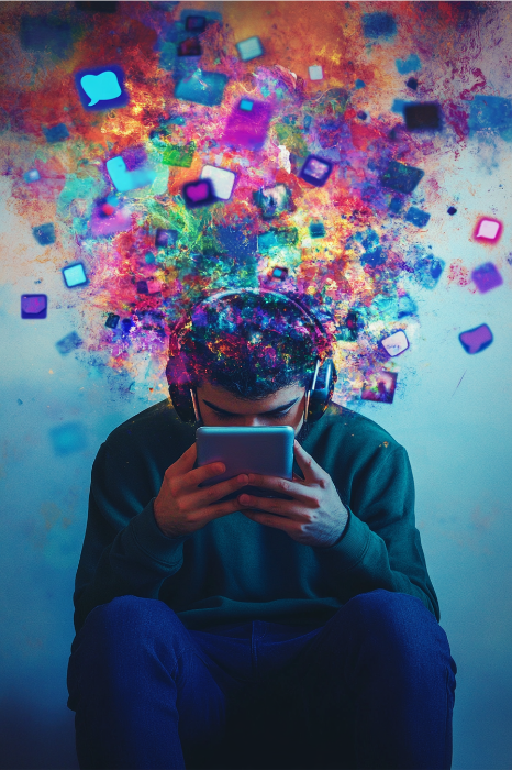 Una persona con auriculares está absorta en una tableta, de cuya pantalla brotan efectos digitales vivos y coloridos que encarnan ideas creativas de servicio a la juventud en acción.