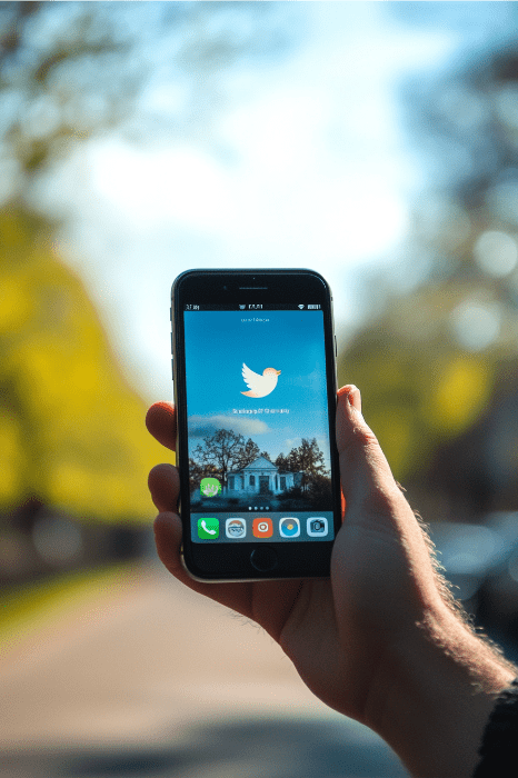 Una persona, de pie al aire libre, sostiene un smartphone con una aplicación de redes sociales en la que aparece el logotipo de un pájaro. Esta aplicación ofrece información sobre actividades juveniles para el crecimiento espiritual, combinando la tecnología con el desarrollo personal.