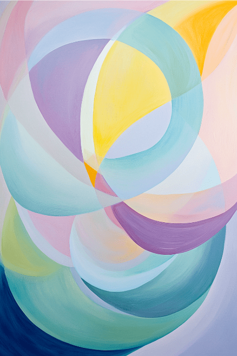 Pintura abstracta con formas pastel superpuestas en tonos azules, amarillos, rosas y morados, que recuerdan a las bendiciones para la iglesia por su aura tranquilizadora y edificante.