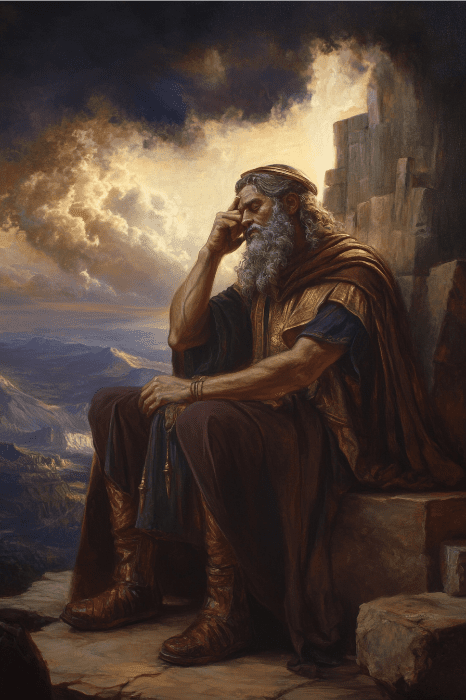 Un hombre barbudo vestido con una túnica se sienta pensativo sobre una roca, como si rezara en silencio una súplica, con un cielo espectacular como telón de fondo.
