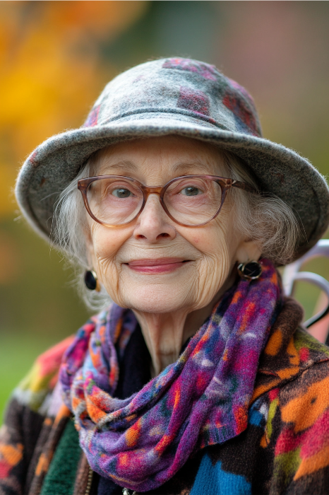 Anciana sonriente, con gafas, un pañuelo de colores y un sombrero estampado, con el follaje otoñal borroso de fondo, irradiando la alegría que recuerdan las ideas creativas del servicio a la juventud.