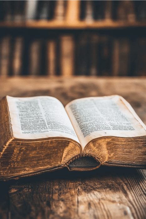 Un viejo libro abierto con páginas amarillentas descansa sobre una mesa de madera, ofreciendo inspiración para ideas para el servicio religioso del Día de la Independencia, mientras estanterías de libros se desdibujan suavemente en el fondo.