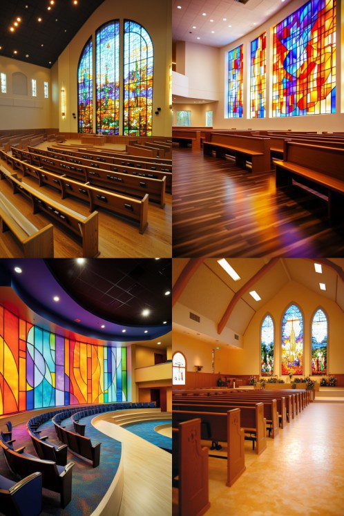Collage of church interiors showcasing vibrant stained glass windows and wooden pews, enriched by innovative church stage design ideas.