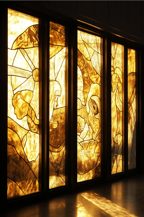 Unas vidrieras doradas con figuras religiosas proyectan un sereno resplandor en la tenuemente iluminada sala, ofreciendo silenciosas bendiciones a los visitantes de la iglesia.