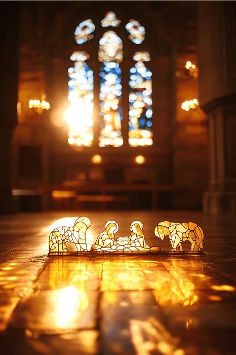 La luz del sol se cuela por las vidrieras, proyectando vibrantes tonos sobre el suelo de la iglesia, donde un belén encarna la belleza de los poemas cristianos navideños.