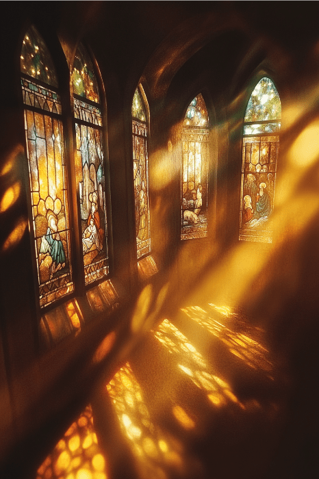 La luz del sol que entra por las vidrieras ornamentadas proyecta coloridos dibujos en el suelo, creando un espacio sereno para las bendiciones en la iglesia.