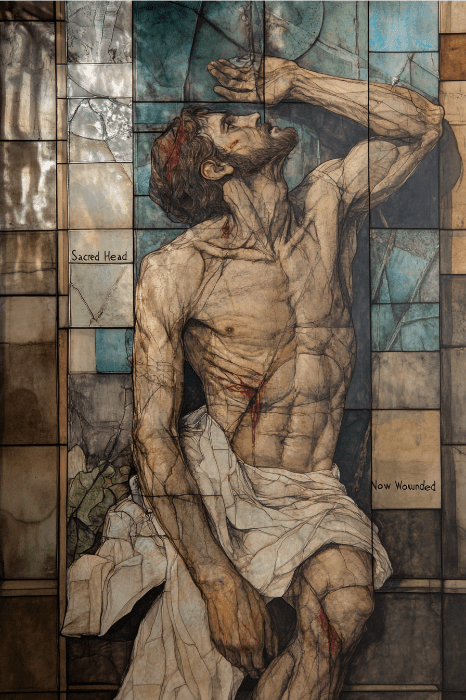 Vidriera que representa a un hombre herido que mira hacia arriba, envuelto en un paño. El texto reza "Sagrada Cabeza Herida", evocando la solemnidad que a menudo se refleja en las ideas del servicio del Jueves Santo.
