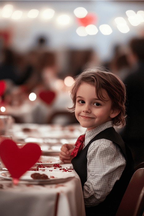 Un joven vestido de etiqueta sonríe ante una mesa de banquete de San Valentín adornada con formas de corazón y luces difuminadas, captando la esencia de un encantador evento eclesiástico.