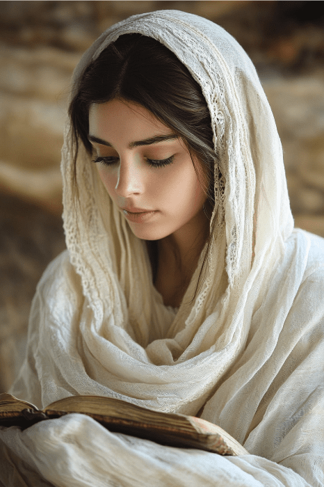 Uma mulher com um lenço branco na cabeça lê um livro, sua expressão serena espelha a sabedoria tranquila de Tabita na Bíblia.