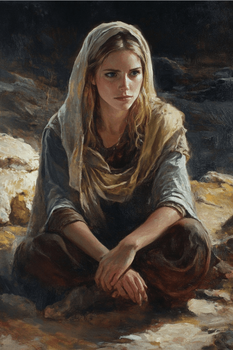 Uma pintura de uma mulher sentada em uma reflexão tranquila, com seu lenço na cabeça evocando a graça e a sabedoria que lembram Tabita na Bíblia, em um fundo sombrio que aprofunda seu olhar contemplativo.