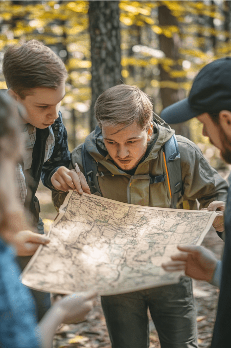 Un grupo de personas al aire libre, profundamente inmersas en un mapa para la búsqueda del tesoro de su iglesia, rodeadas de árboles por los que se filtra la luz del sol.