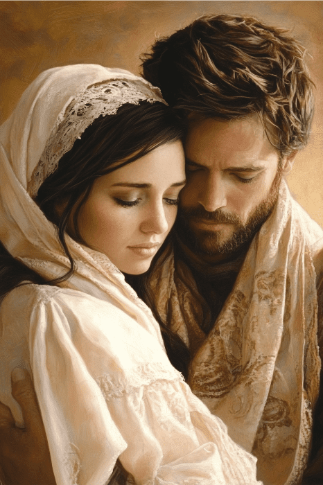 Una pareja, que recuerda a los esposos de la Biblia, se abraza tiernamente vestida de época, rodeada de una iluminación cálida y suave y un fondo texturizado.