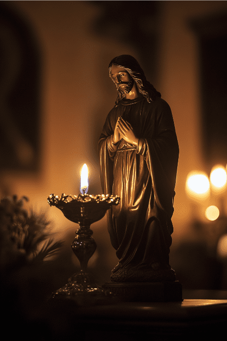 Una estatua de Jesús con las manos en oración, junto a una vela encendida, crea un ambiente cálido y sereno, perfecto para inspirar ideas para el servicio del Jueves Santo.