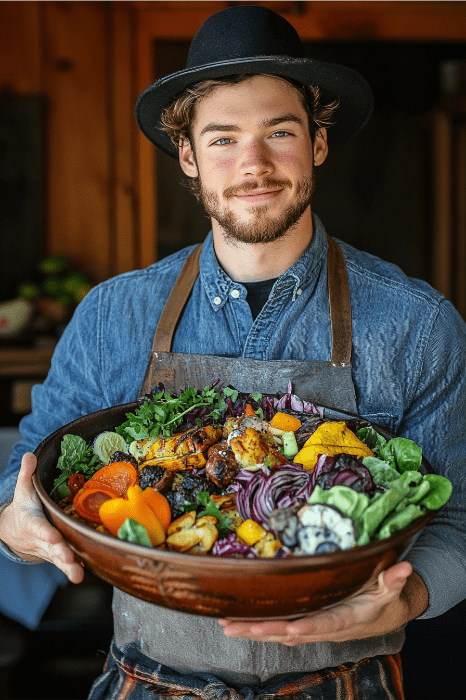 Um homem de camisa jeans e chapéu segura uma tigela grande de salada colorida com legumes e verduras, perfeita para saborear durante os jogos de Ação de Graças na igreja.