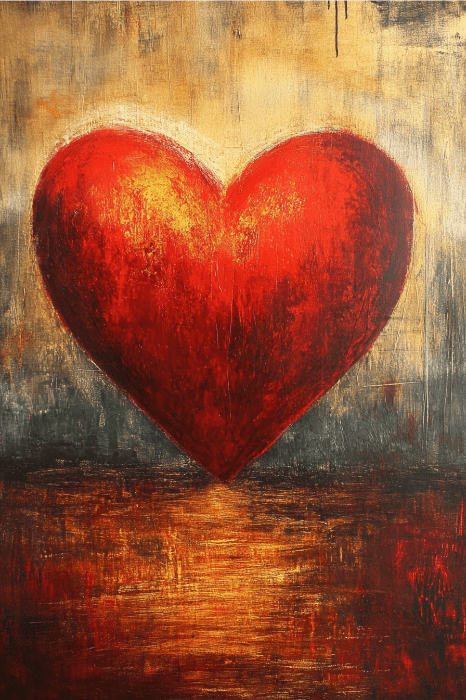 Essa pintura abstrata, "Lesson on Love" (Lição sobre o amor), apresenta um grande coração vermelho com um acabamento dourado texturizado em um fundo escuro, o que a torna perfeita para inspirar mentes jovens na Igreja das Crianças.