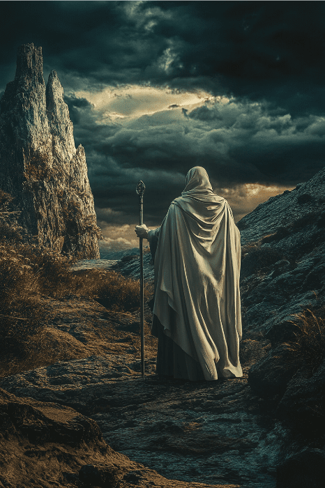 Una figura embozada con un bastón se detiene en un sendero rocoso bajo un cielo dramático y nublado, cerca de acantilados escarpados, como si contemplara los misterios de un comentario de Hechos 3 que se desentraña ante ellos.