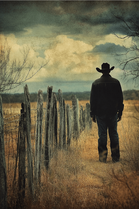 Un vaquero solitario, de pie junto a una valla rústica, se pregunta si se ha metido en una reunión de Devociones humorísticas para reuniones eclesiásticas mientras contempla un amplio paisaje nublado.
