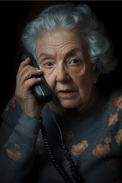Una anciana con el pelo blanco sostiene un teléfono con cable, lleva un jersey con motivos florales y parece contemplativa, tal vez pensando en su próxima contribución a las devociones humorísticas para las reuniones de la iglesia.