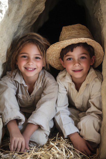 Duas crianças sorridentes com roupas claras sentam-se na entrada de uma caverna, uma delas com um chapéu de palha, lembrando personagens de peças de Páscoa para a igreja.