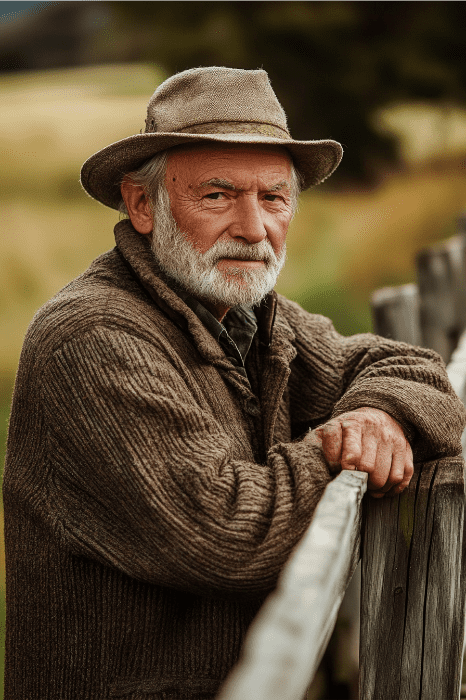 Un hombre mayor con barba gris y sombrero, vestido con una chaqueta marrón, se apoya en una valla de madera en un entorno rural. Parece que acaba de compartir uno de sus devocionales humorísticos para las reuniones de la iglesia, iluminando el ambiente con su cálido y sabio encanto.
