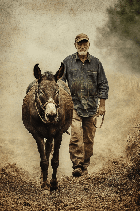 Hombre con gorra conduce a un caballo por un camino polvoriento, lleva una chaqueta vaquera y una cuerda, como si estuviera listo para unas devociones humorísticas para las reuniones de la iglesia. Estilo vintage.