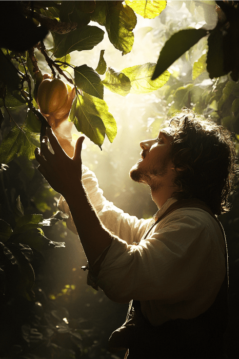 Banhada pelo brilho suave da luz do sol filtrada pelas folhas, uma pessoa pega uma fruta em uma árvore, contemplando tópicos da igreja para discussão que enriquecem sua alma tanto quanto a natureza nutre seu corpo.