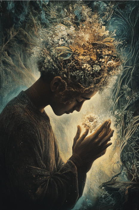 En esta obra maestra surrealista, que recuerda al comentario de Hechos 3, una persona con cabeza de flores y manos resplandecientes se encuentra en un entorno místico y boscoso.