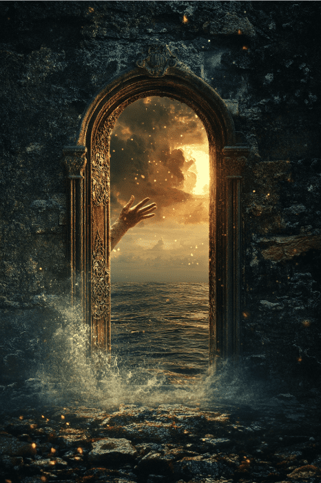 Una misteriosa puerta se abre a un mar tempestuoso, que recuerda el comentario de Hechos 3, con una mano que se extiende entre la piedra oscura y el agua que salpica.