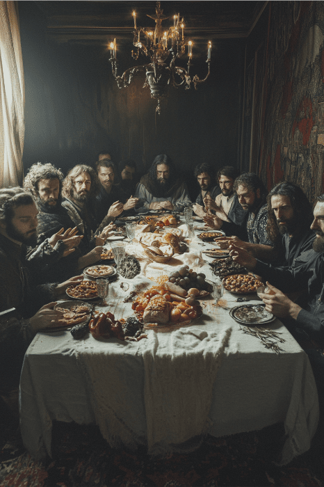 Um grupo de homens de cabelos e barbas compridos senta-se ao redor de uma mesa com comida, sob um lustre, em uma sala pouco iluminada, compartilhando histórias que despertam ideias de histórias infantis para reuniões da igreja.
