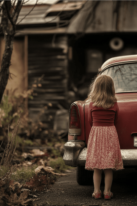 Una joven vestida de rojo permanece de pie junto a un coche antiguo, contemplando el viejo edificio de madera como si albergara una de esas devociones humorísticas para las reuniones de la iglesia.