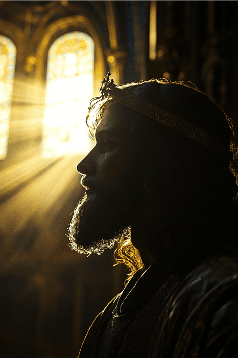 Em uma cena que lembra o significado bíblico e a origem do nome Mark, um homem barbudo com uma coroa aparece em silhueta contra a luz do sol que atravessa os vitrais.