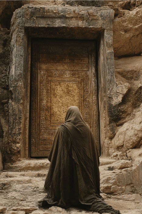 Uma figura encapuzada ajoelha-se diante de uma porta grande e antiga situada em uma paisagem rochosa, como se estivesse buscando o significado bíblico e a origem de algo perdido no tempo.