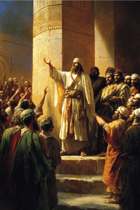 Un hombre con barba y toga se dirige a una multitud vestida a la antigua usanza, de pie sobre unos escalones junto a una columna tallada, que recuerda una escena del comentario de Hechos 3.