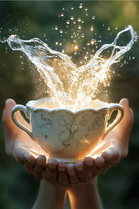 Mãos segurando uma xícara ornamentada com água espirrando, brilhando à luz do sol, simbolizam uma lição vibrante sobre o amor para a igreja infantil.