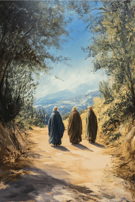 Três figuras caminham por um caminho iluminado pelo sol e cercado por árvores, lembrando ideias de histórias infantis para a igreja, com uma paisagem cênica ao fundo.