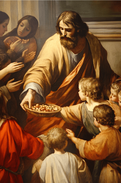 En una habitación poco iluminada, un hombre con barba encarna el espíritu de generosidad al ofrecer una cesta de bayas a los niños reunidos a su alrededor, lo que recuerda las enseñanzas del comentario de Lucas 6:38.