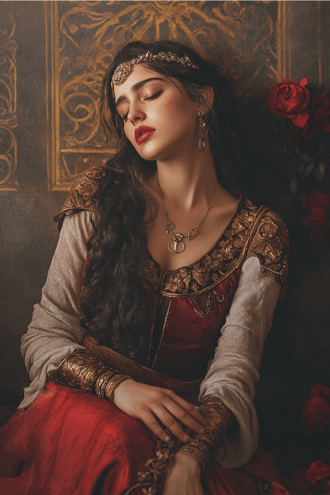 Em um cenário vintage, uma mulher em trajes medievais, com um vestido vermelho, joias ornamentadas e um capacete, está de olhos fechados. Sua presença encantadora desperta ideias de histórias infantis para reuniões na igreja, tecendo contos de tempos antigos e virtudes atemporais na imaginação dos jovens.