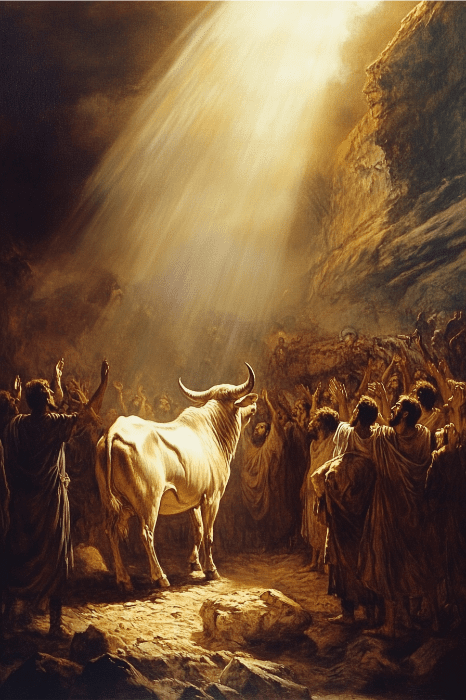 Um bezerro de ouro cercado por uma multidão em vestes, iluminado por um raio celestial em um cenário rochoso, oferece uma rica inspiração para ideias de histórias infantis para a igreja.