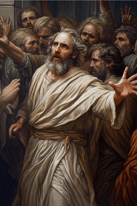 Um homem barbudo em um manto levanta o braço em meio a um grupo de pessoas, invocando as Escrituras para a Unidade, criando uma cena dramática cheia de propósito e solidariedade na igreja.