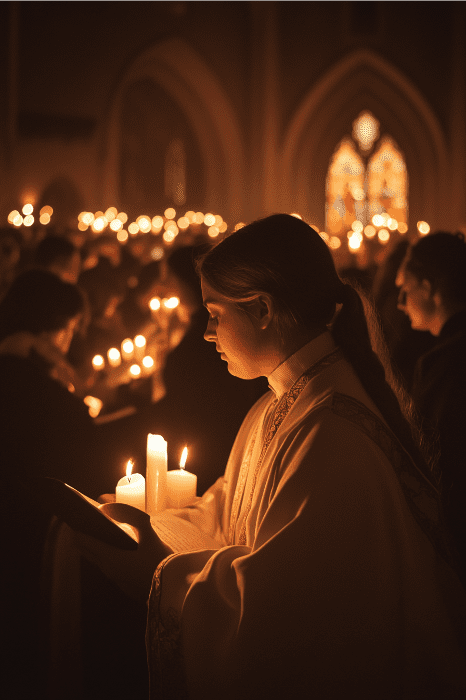 En una iglesia poco iluminada, los fieles se reúnen para un solemne servicio de Jueves Santo, cada uno con una vela en la mano. El suave resplandor ilumina las vidrieras, creando una atmósfera serena y reflexiva.